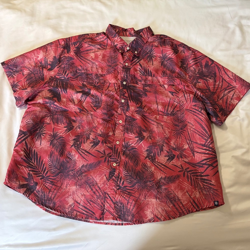 Chaps Mens 4XB Performance Tropical Palm Print Short Sleeve Fishing Shirt Red
